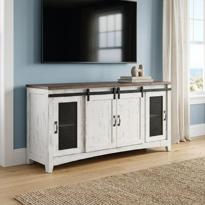 68" White Solid Wood Cabinet Enclosed Storage Distressed TV Stand