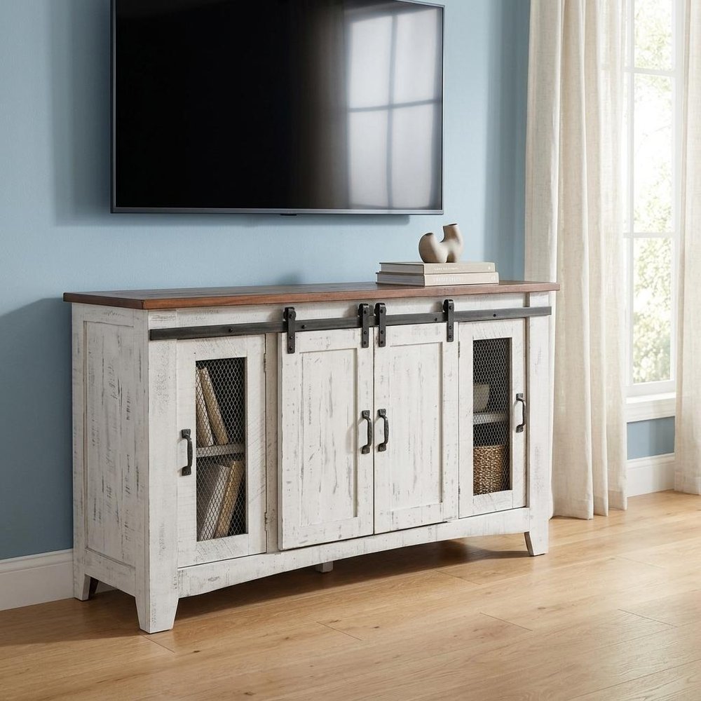 60" White Solid Wood Cabinet Enclosed Storage Distressed TV Stand