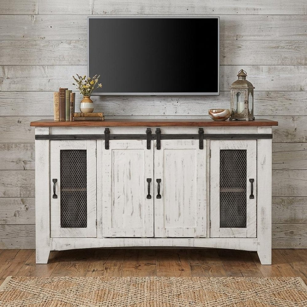 70" White Solid Wood Cabinet Enclosed Storage Distressed TV Stand