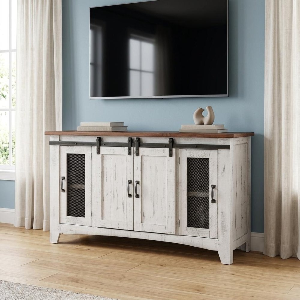 70" White Solid Wood Cabinet Enclosed Storage Distressed TV Stand