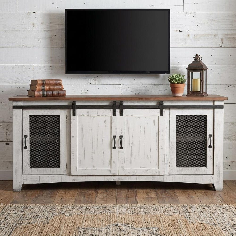 79" White Solid Wood Cabinet Enclosed Storage Distressed TV Stand