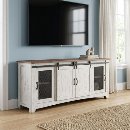 79" White Solid Wood Cabinet Enclosed Storage Distressed TV Stand