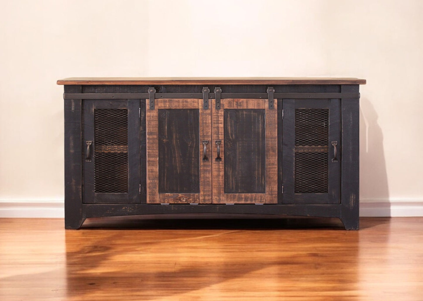 60" Black Solid Wood Cabinet Enclosed Storage Distressed TV Stand