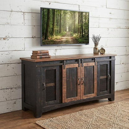 60" Black Solid Wood Cabinet Enclosed Storage Distressed TV Stand