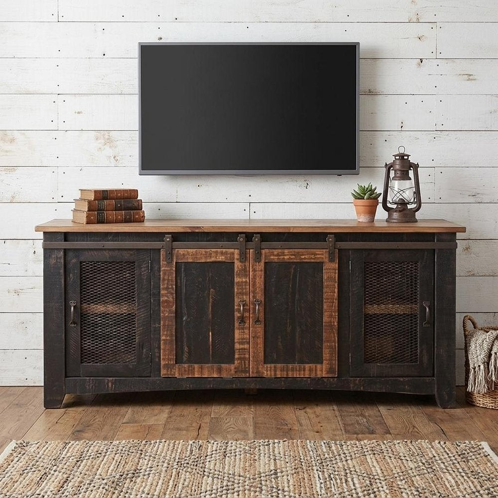 70" Black Solid Wood Cabinet Enclosed Storage Distressed TV Stand
