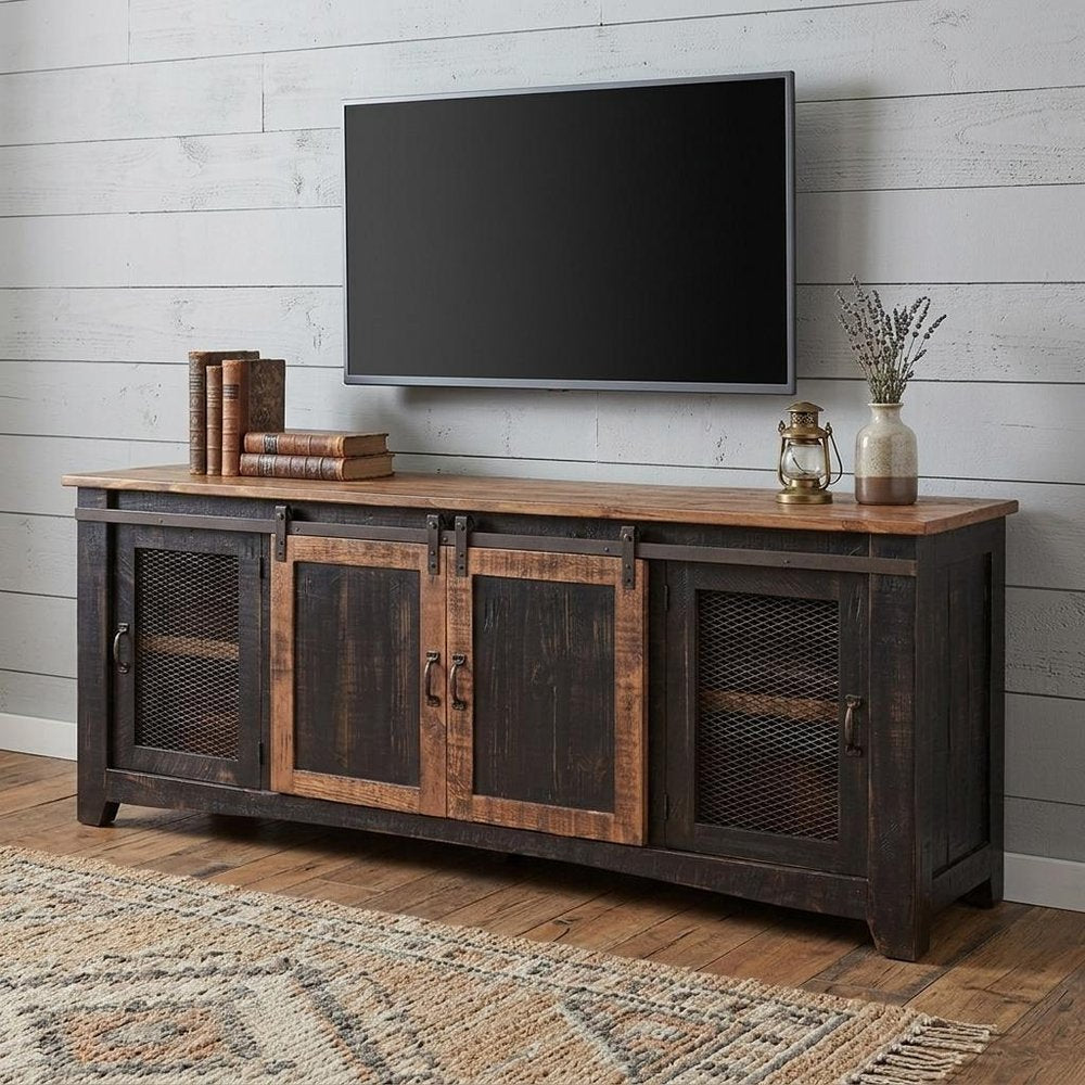 79" Black Solid Wood Cabinet Enclosed Storage Distressed TV Stand