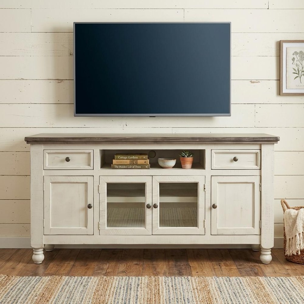 60" Ivory Solid Wood Open shelving Distressed TV Stand