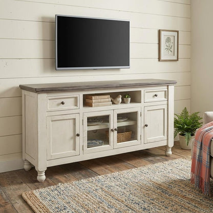 79" Ivory Solid Wood Open shelving Distressed TV Stand