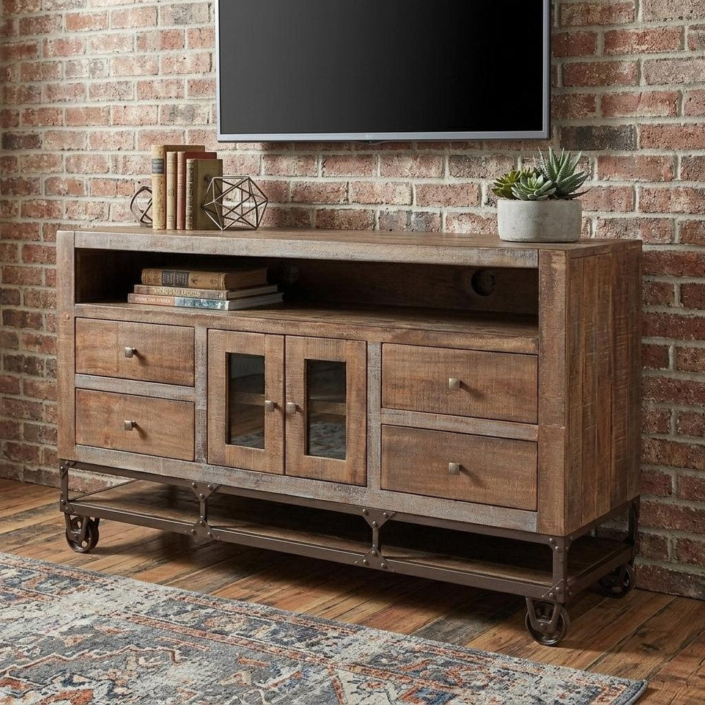 62" Brown Solid Wood Cabinet Enclosed Storage Distressed TV Stand