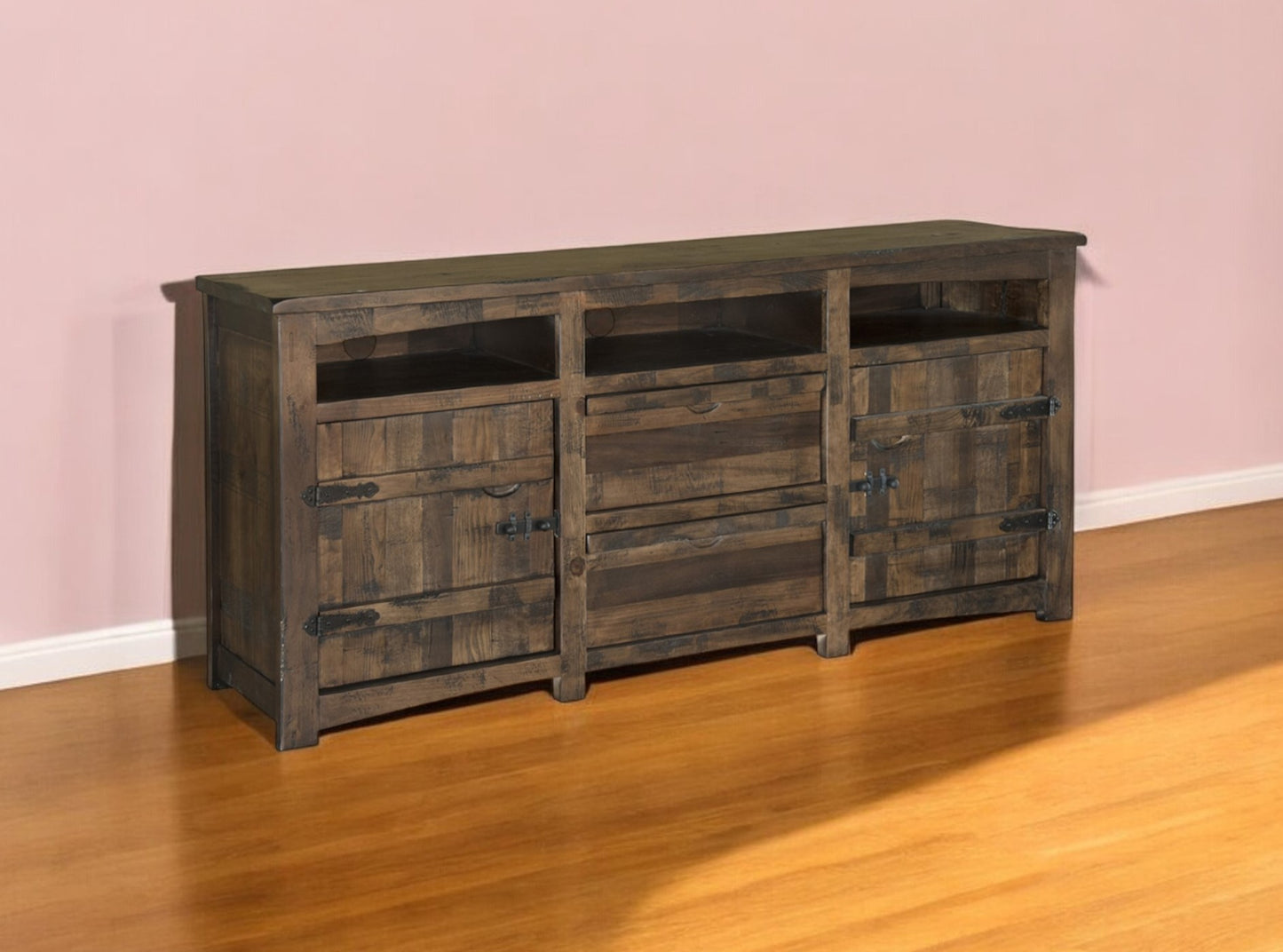 80" Brown Solid Wood Cabinet Enclosed Storage Distressed TV Stand