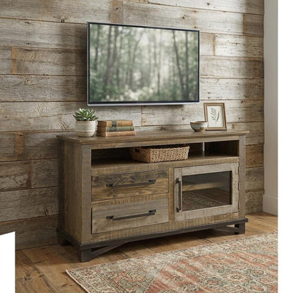 51" Brown Solid Wood Cabinet Enclosed Storage Distressed TV Stand