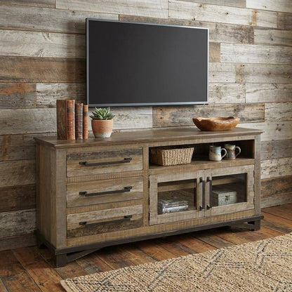 61" Brown Solid Wood Cabinet Enclosed Storage Distressed TV Stand