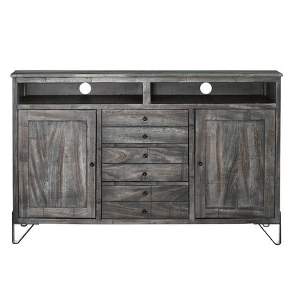 60" Gray Solid Wood Cabinet Enclosed Storage Distressed TV Stand