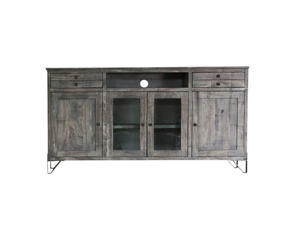 70" Gray Solid Wood Cabinet Enclosed Storage Distressed TV Stand