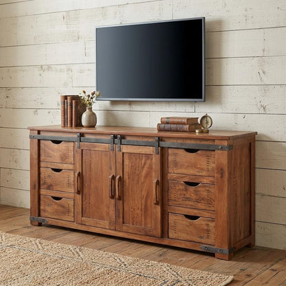 70" Brown Solid Wood Enclosed Storage Distressed TV Stand