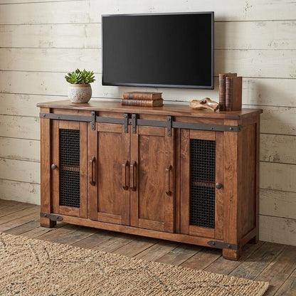 60" Brown Solid Wood Cabinet Enclosed Storage Distressed TV Stand