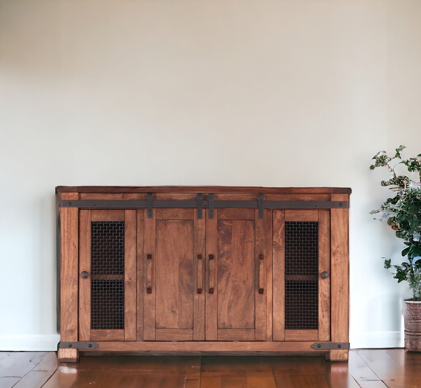 60" Brown Solid Wood Cabinet Enclosed Storage Distressed TV Stand