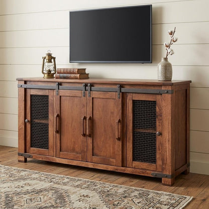 70" Brown Solid Wood Cabinet Enclosed Storage Distressed TV Stand