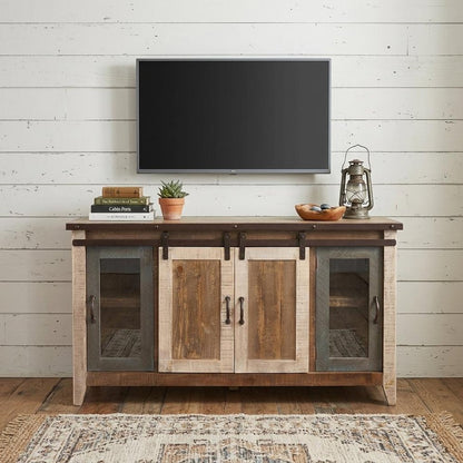 60" Brown Solid Wood Cabinet Enclosed Storage Distressed TV Stand