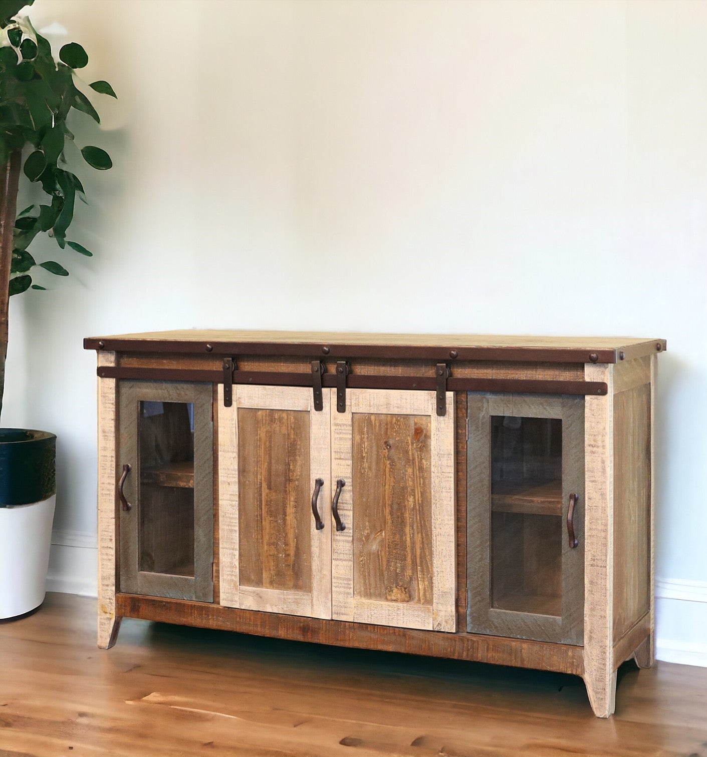 60" Brown Solid Wood Cabinet Enclosed Storage Distressed TV Stand