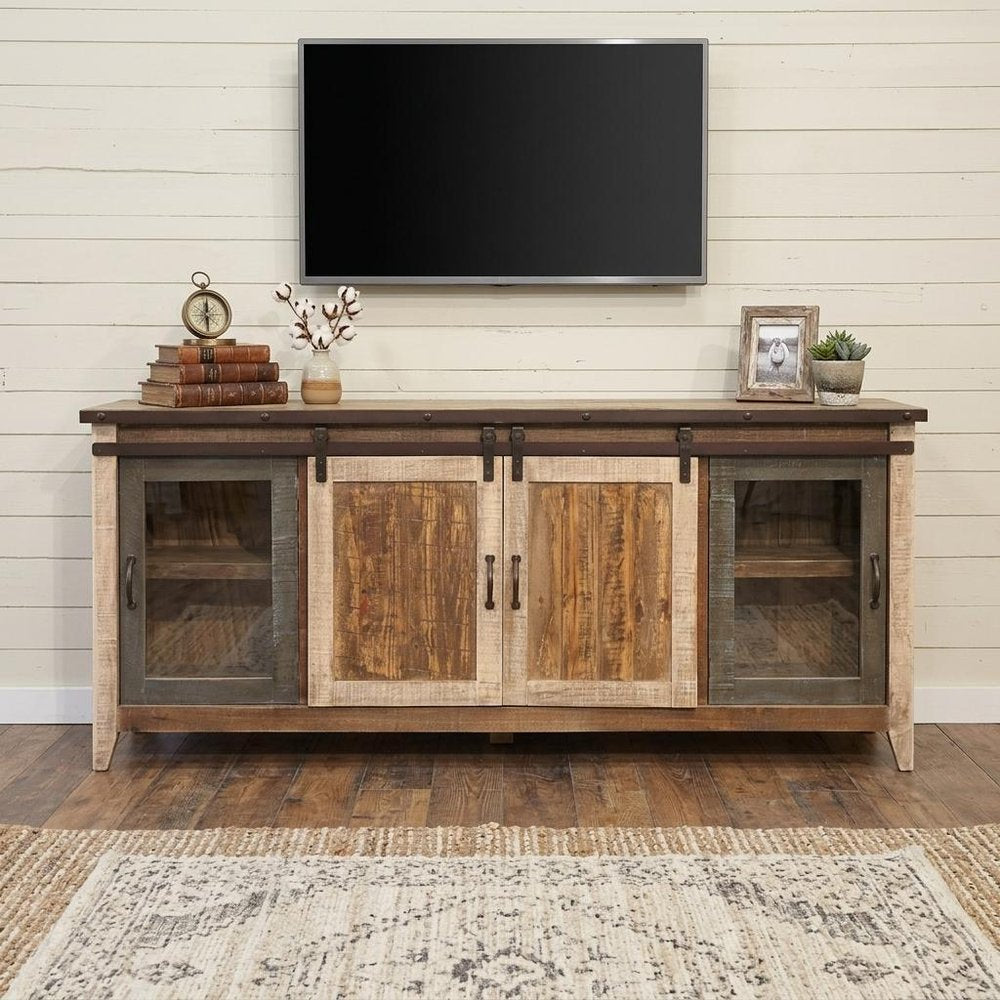 79" Brown Solid Wood Cabinet Enclosed Storage Distressed TV Stand