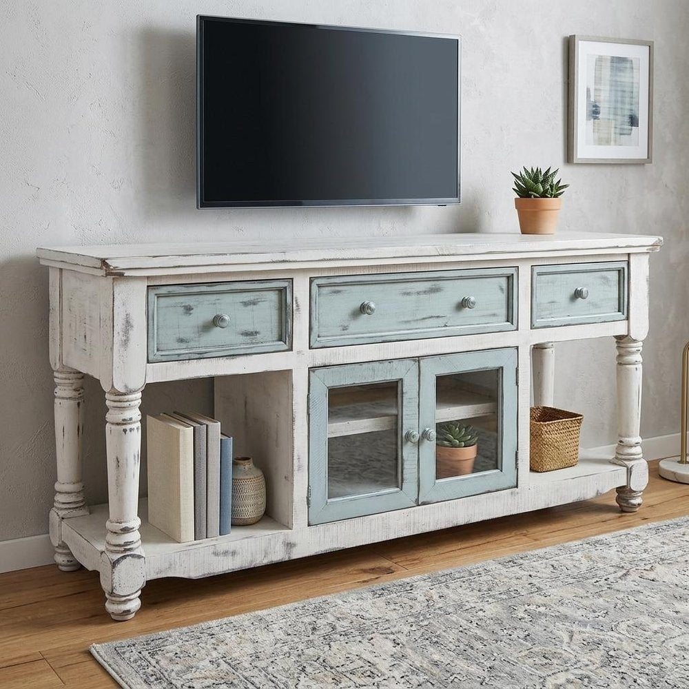 70" Blue and White Solid Wood Open shelving Distressed TV Stand