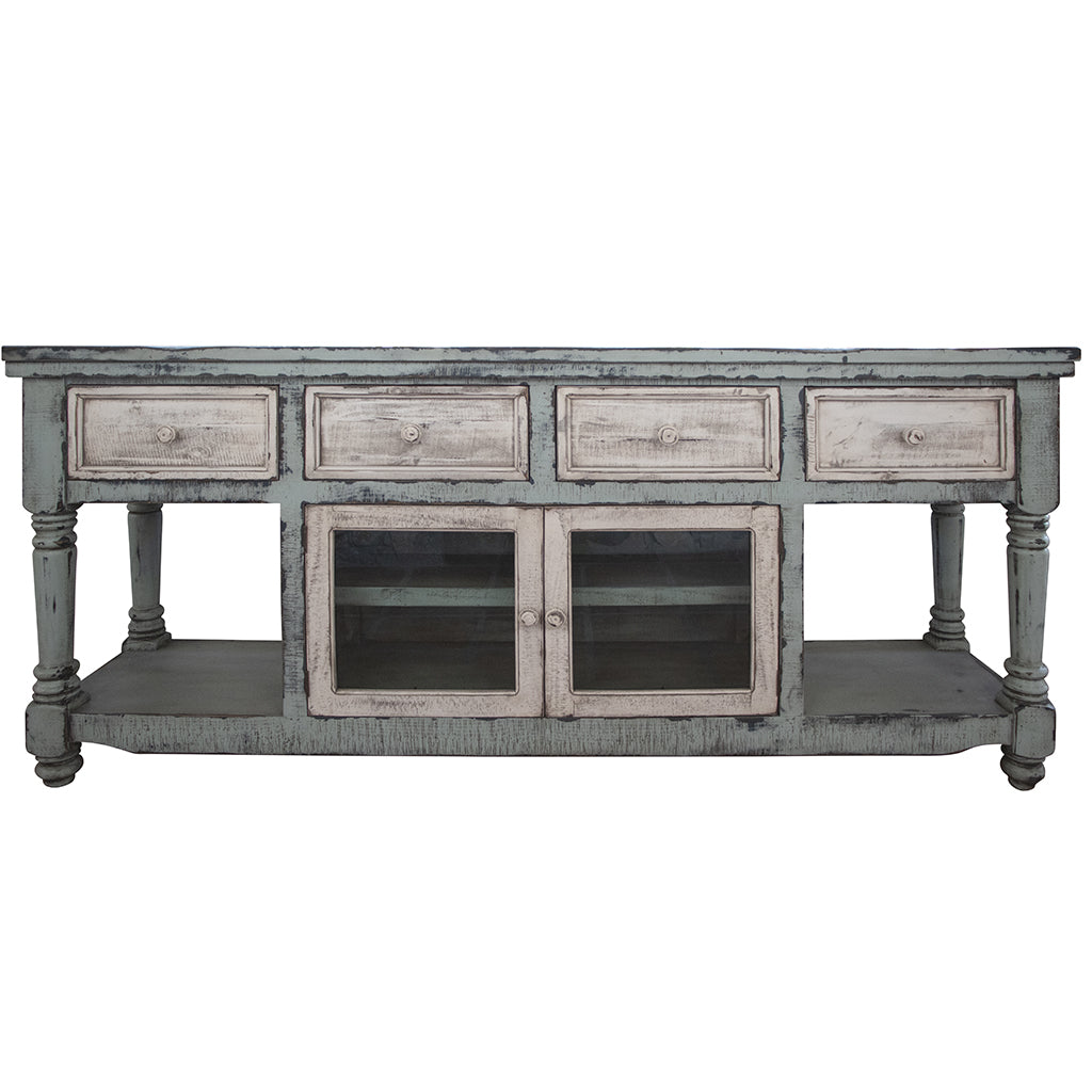 70" Blue and White Solid Wood Open shelving Distressed TV Stand