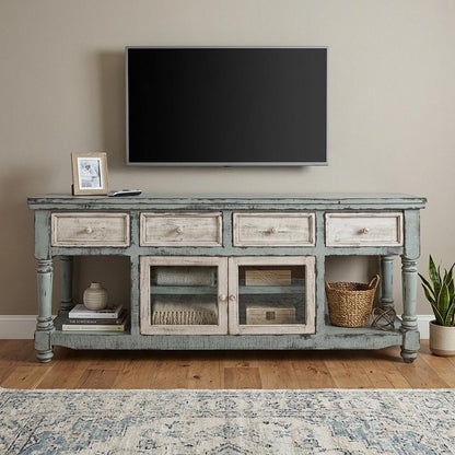 70" Blue and White Solid Wood Open shelving Distressed TV Stand