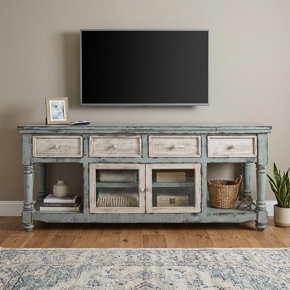 70" Blue and White Solid Wood Open shelving Distressed TV Stand