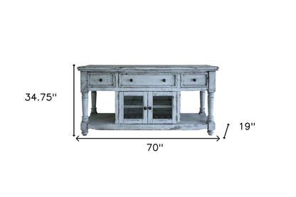 70" Blue Solid Wood Open shelving Distressed TV Stand