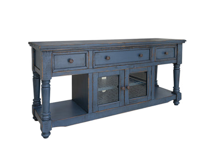 70" Blue Solid Wood Open shelving Distressed TV Stand