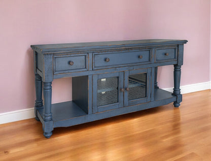 70" Blue Solid Wood Open shelving Distressed TV Stand