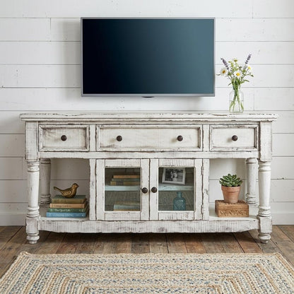 70" White Solid Wood Open shelving Distressed TV Stand