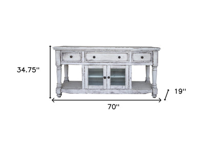 70" White Solid Wood Open shelving Distressed TV Stand