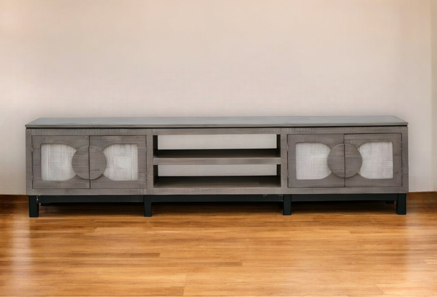 93" Gray Solid Wood Cabinet Enclosed Storage Distressed TV Stand