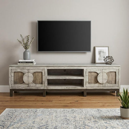 93" White Solid Wood Cabinet Enclosed Storage Distressed TV Stand
