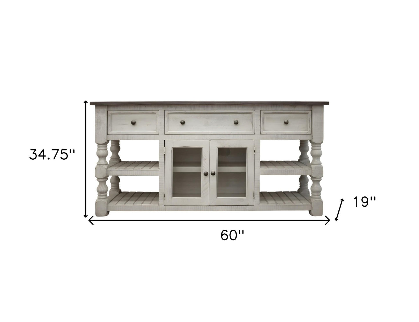 60" Ivory Solid Wood Open shelving Distressed TV Stand