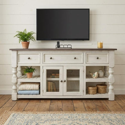 60" Ivory Solid Wood Open shelving Distressed TV Stand