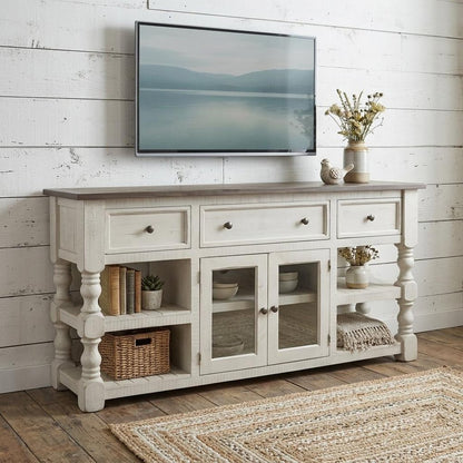 70" Ivory Solid Wood Open shelving Distressed TV Stand