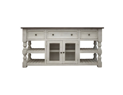 70" Ivory Solid Wood Open shelving Distressed TV Stand