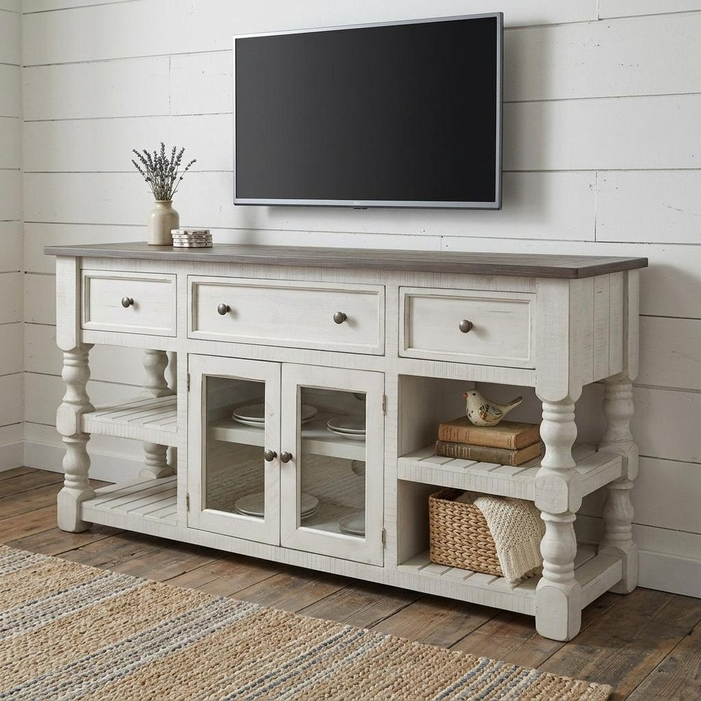 81" Ivory Solid Wood Open shelving Distressed TV Stand