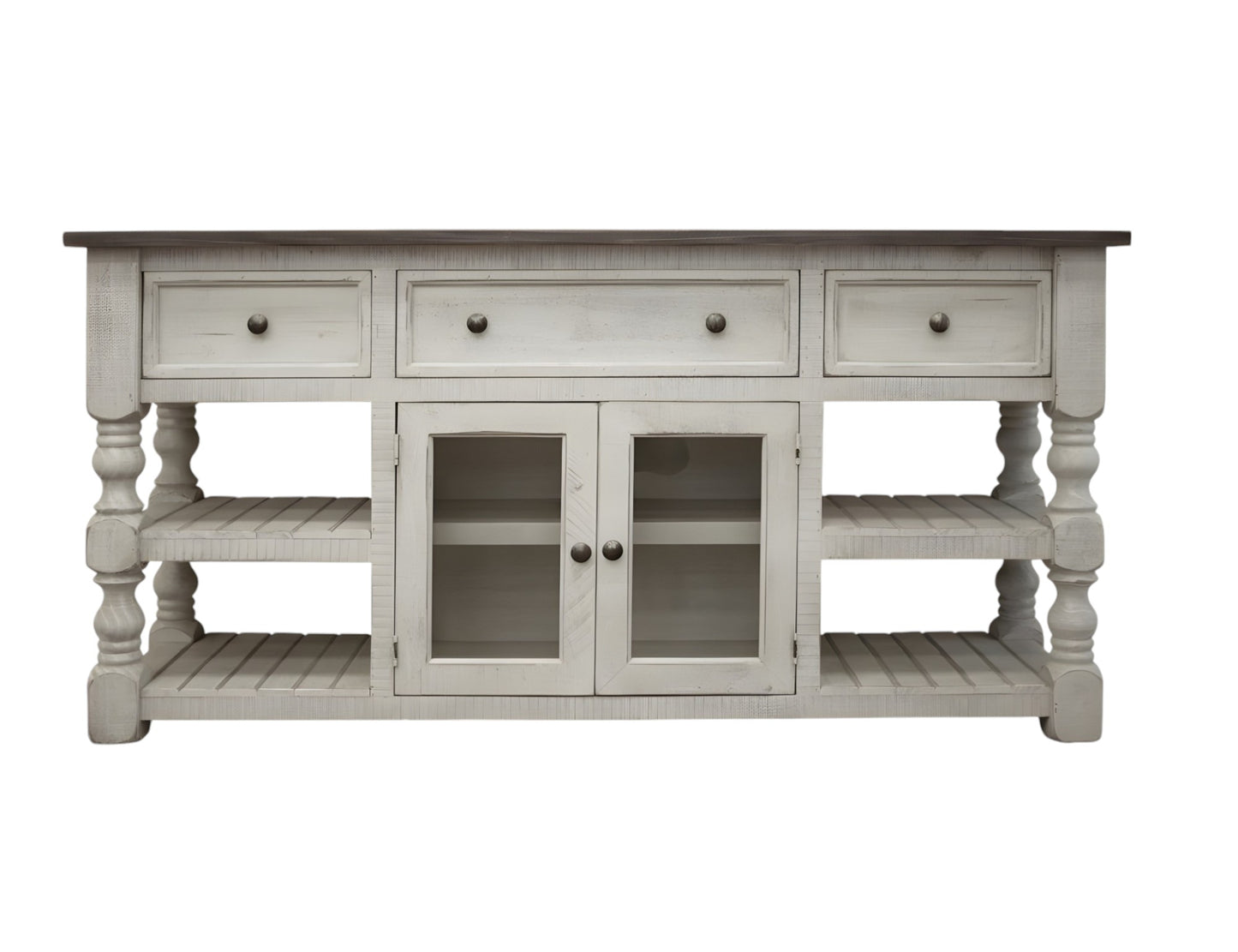 81" Ivory Solid Wood Open shelving Distressed TV Stand