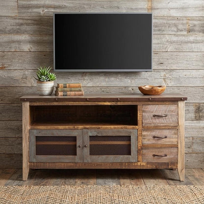 61" Brown Solid Wood Cabinet Enclosed Storage Distressed TV Stand