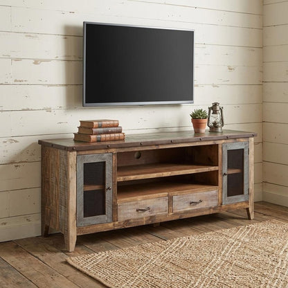 76" Brown Solid Wood Cabinet Enclosed Storage Distressed TV Stand