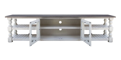 93" Gray and Ivory Solid Wood Cabinet Enclosed Storage Distressed TV Stand