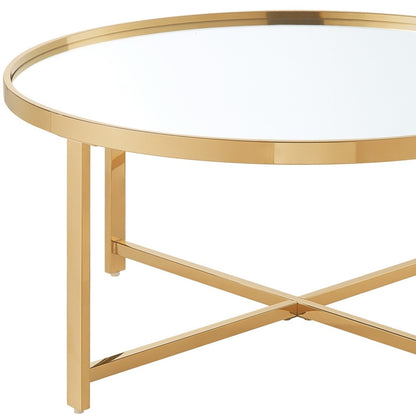 32" Silver And Gold Glass And Stainless Steel Round Mirrored Coffee Table