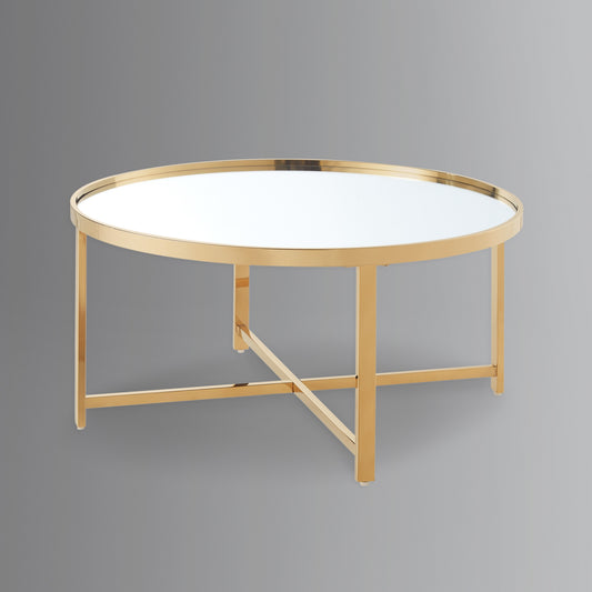 32" Silver And Gold Glass And Stainless Steel Round Mirrored Coffee Table