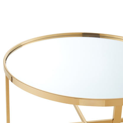 32" Silver And Gold Glass And Stainless Steel Round Mirrored Coffee Table