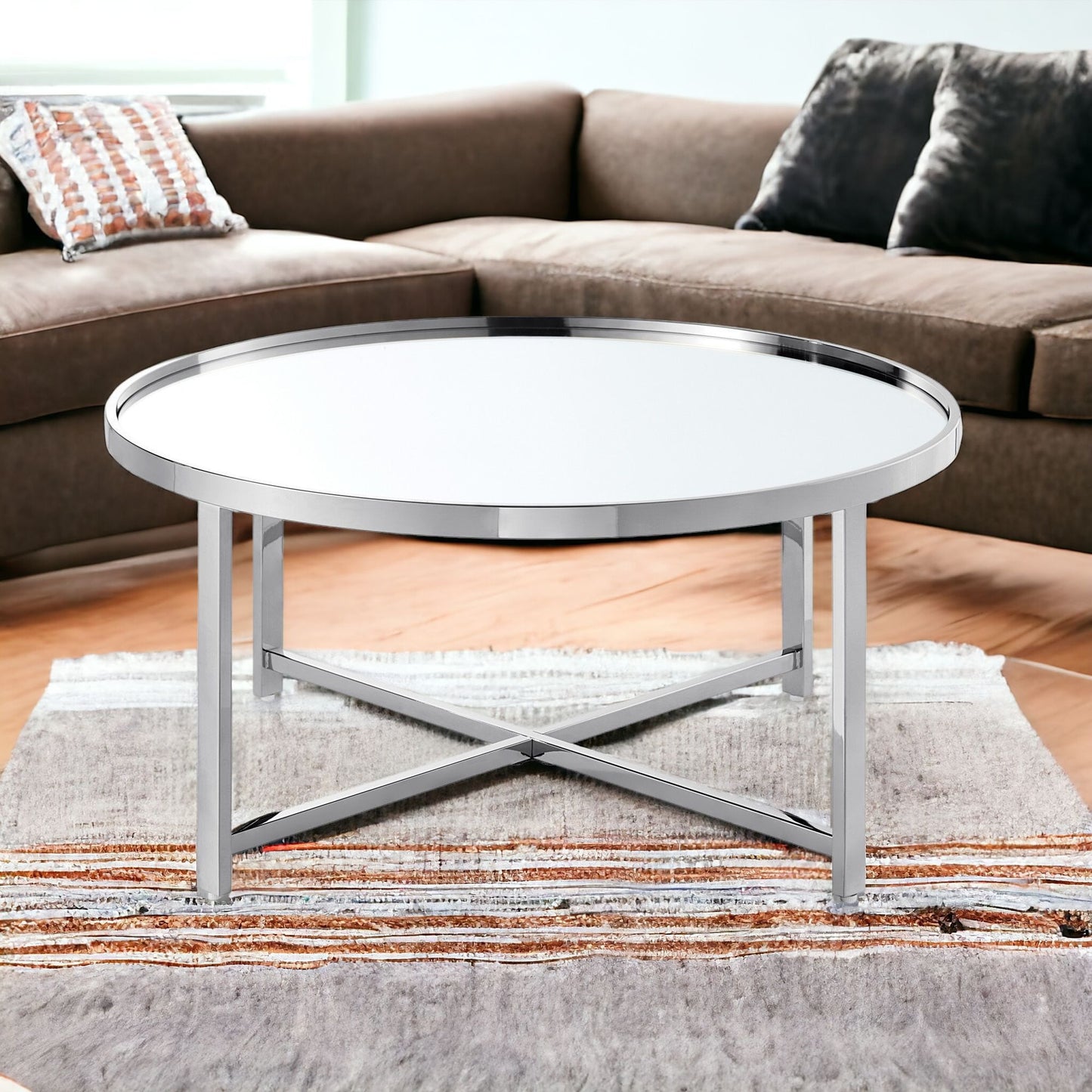 32" Silver And Gold Glass And Stainless Steel Round Mirrored Coffee Table