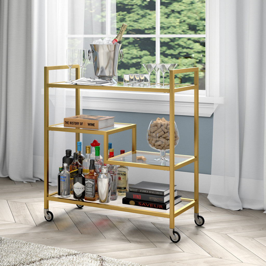 Brass Steel And Glass Rolling Bar Cart